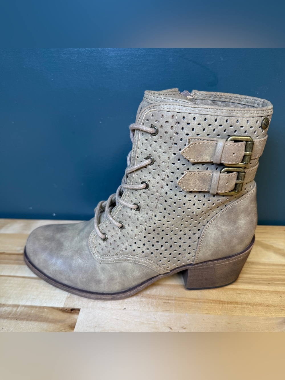 Roxy Taupe Lace-Up Perforated Ankle Boots